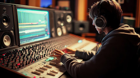 Male Audio Engineer Focusing on Mixing Music on a Mixing Console in a Recording Studioの素材