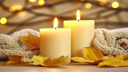 Autumn Spa Still Life With Candles, Soft Towels, And Colorful Fall Leaves On A Golden Backgroundの素材