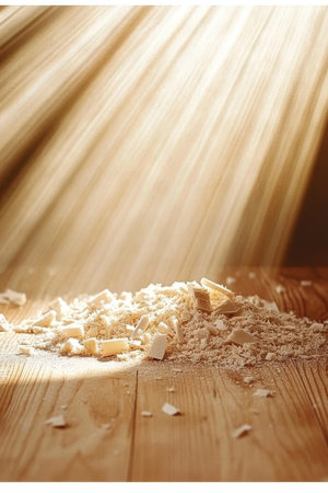 Sunlit Woodworking Wood Dust and Sunlight on a Workshop Table, Carpentry and Craftsmanship Conceptの素材