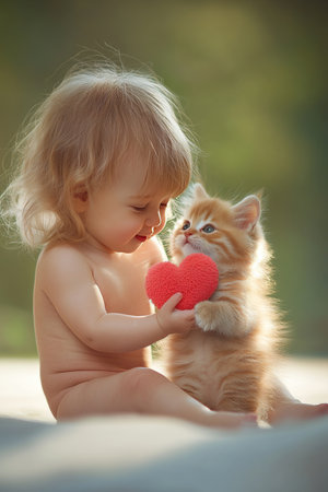 Unconditional Love A Toddlers Delicate Touch and a Heart Shared with a Playful Kitten.の素材
