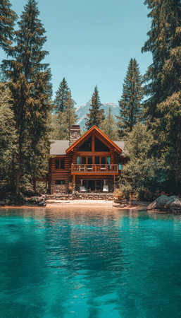 Secluded Lakeside Cabin Retreat, Surrounded by Tranquil Natures Beauty, Reflection on Waterの素材