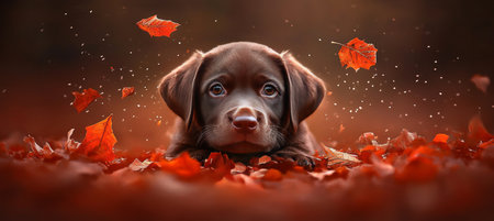 Chocolate Labrador Puppy Amidst Autumn Leaves A Portrait of Canine Charm and Seasonal Beautyの素材
