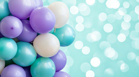 Festive Lavender, Teal, And White Balloons On A Blurred Background With Bokeh, Celebration Conceptの素材