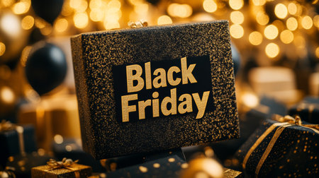 Black Friday Sale Concept Black Gift Box With Bold Gold Logo Amidst Bokeh Lights And Presentsの素材