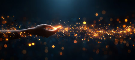 Human Hand Reaching for Glowing Network of Connections, Symbolizing Innovation and Technologyの素材