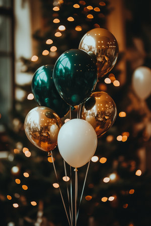Festive Celebration Green and Gold Balloons Against a Twinkling Christmas Tree Backdropの素材
