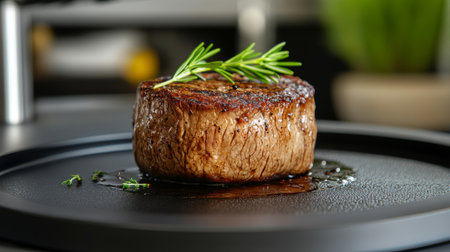 Sizzling Perfectly Cooked Steak with Rosemary Garnish, Served on a Sleek Black Plate, Close-Upの素材