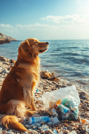Golden Retriever Posing Beside, Collected Plastic Trash on Seashore , Promoting Ocean Cleanupの素材