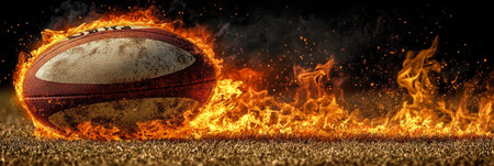 Fiery Rugby Ball In Motion A Dramatic Showcase of Sport and Intensity Against Black Backgroundの素材
