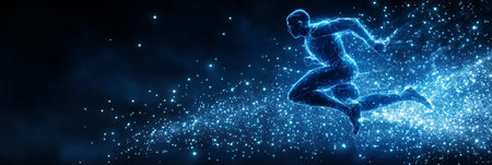 Male Figure Sprinting Through Digital Particles, Illuminated By Blue Light On A Black Backgroundの素材