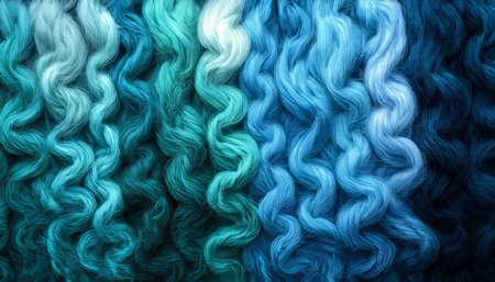 Iridescent Blues And Green Yarn Fibers, Highlighting Texture And Gradient Color, Knitting Materialの素材