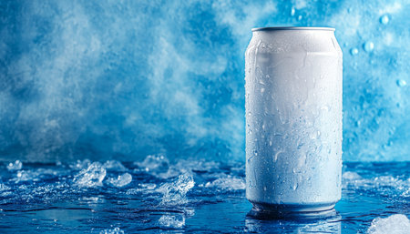 Ice Cold Refreshment Aluminum Can with Condensation on a Blue Background with Ice Cubes.の素材