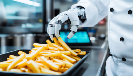 Robotic Chef Preparing Fast Food, Picking Up French Fries From Tray in Modern Restaurant Kitchenの素材