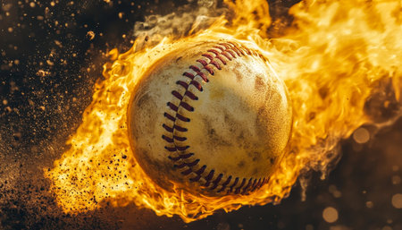 Fiery Softball On Fire A Close-Up, Capturing The Intricate Stitching And Bright Colors, Isolatedの素材