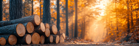 Golden Hour Serenity Sunlight Bathes a Stack of Freshly Cut Logs in the Heart of Autumn Woodsの素材