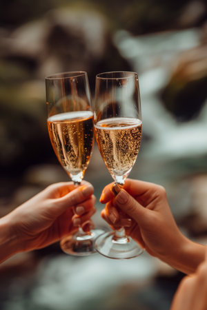 Celebrating with Bubbly Two Hands Toast with Champagne Flutes Against a Blurred Waterfall Backdrop.の素材