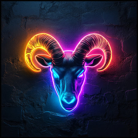 Neon Ram Head Sign, Vivid and Colorful Luminous Glowing Animal Portrait on Dark Textured Backgroundの素材