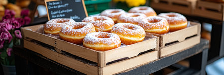 Assortment of Delicious Freshly Baked Donuts with Sugar Glaze in Wooden Crates on Displayの素材