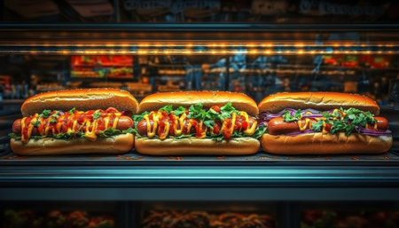 Three Gourmet Hot Dogs In Fresh Buns With Mustard, Ketchup, Relish, And Greens On Displayの素材