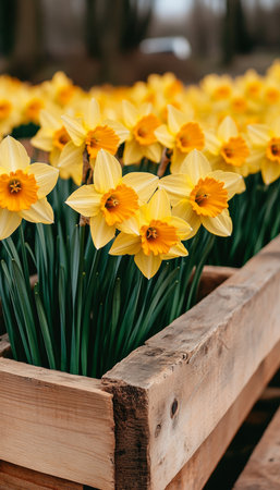 Wooden Crates Overflowing with Vibrant Yellow and Orange Daffodils, Spring Flowers in Bloomの素材