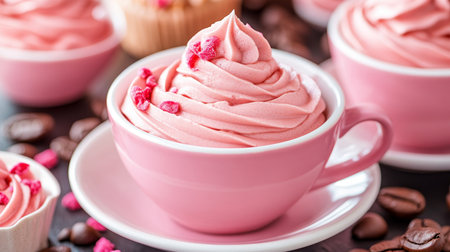 Strawberry Cream Delight Pink Coffee Cup Filled with Delectable Creamy Dessert and Festive Toppingsの素材