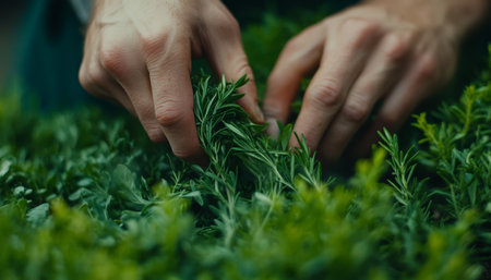 Hands Harvesting Fresh, Aromatic Herbs From Garden, Perfect For Cooking Or Gardening Projectsの素材