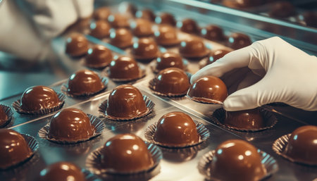 Rows of Freshly Made Chocolate Candies, Gourmet Chocolate Production Line Treat in a Confectioneryの素材