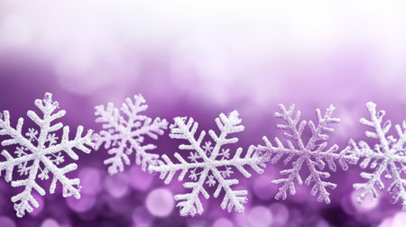 Sparkling Purple Christmas Background, Beautiful White Snowflakes on a Festive Abstract Backdropの素材