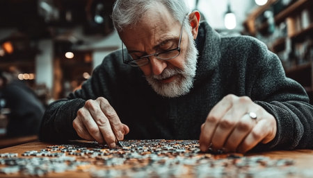 Focused Senior Man Immersed in Solving Complex Jigsaw Puzzle on Table in Cozy Cafe Atmosphere.の素材