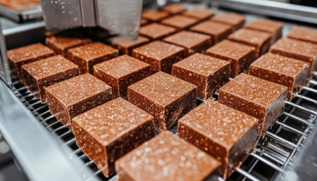 Freshly Made Chocolate Candy Squares on Automated Production Line in Modern Food Factoryの素材