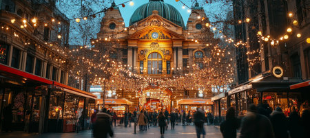 Christmas Market in Europe, Festive Decorations, Blurred Pedestrians, Night Illuminationの素材