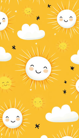 Cheerful yellow background adorned with cute smiling suns and playful clouds for a joyful designの素材