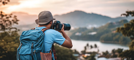 Young Asian Man Photographer Taking Photo On Mountain At Sunrise, Travel Photography With Backpackの素材