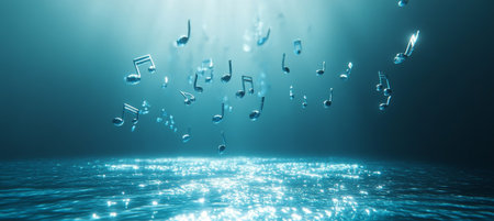 3D Rendering of Musical Notes Floating Above a Tranquil Water Surface Under Blue Lightの素材