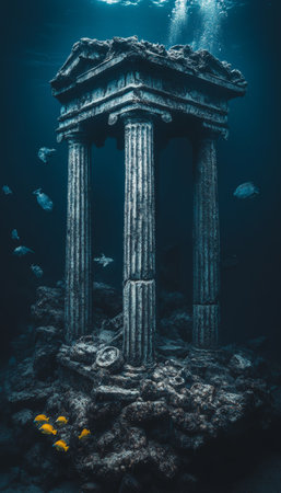 Ancient Columns of Submerged Temple Ruins On Seabed, Underwater Photography, Archaeologyの素材