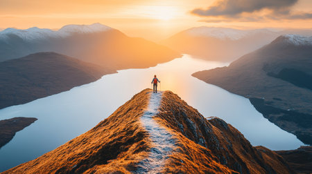 Hiker Conquers Mountain Peak at Sunrise, Scenic Landscape of Adventure and Explorationの素材