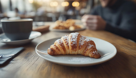 Freshly Baked Croissant Dusted with Powdered Sugar, Served with Coffee at a Cozy Cafeの素材