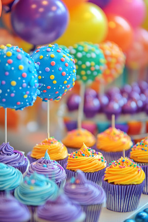 Colorful Birthday Celebration Dessert Table With Delicious Cupcakes, Cake Pops, And Bright Balloons.の素材
