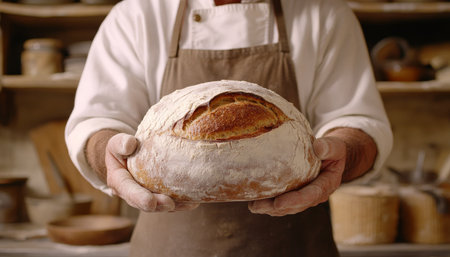 Artisan Baker Proudly Presenting Freshly Baked, Rustic Loaf of Bread in Kitchen Settingの素材