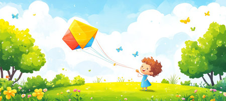 Joyful little girl playing with a vibrant kite in a scenic backyard on a cheerful and sunny summerの素材
