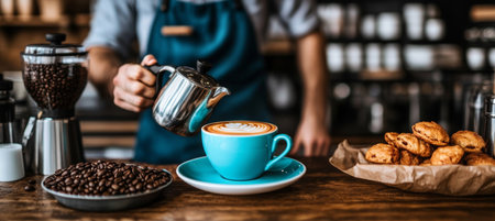 Barista Pouring Milk into Cup of Coffee, with Coffee Beans and Pastries, Coffee Shop Backgroundの素材