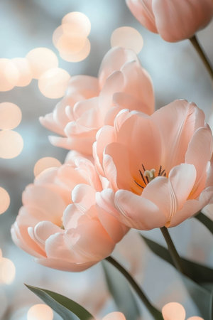 Delicate Pink Tulips in Soft Focus with Sparkling Bokeh Lights, Romantic Floral Backgroundの素材
