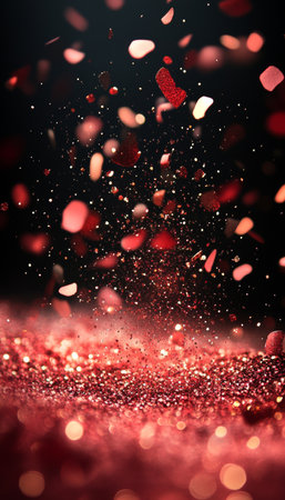 Abstract Background, Red Rose Petals Gently Falling On A Sparkling, Red Glitter Surfaceの素材