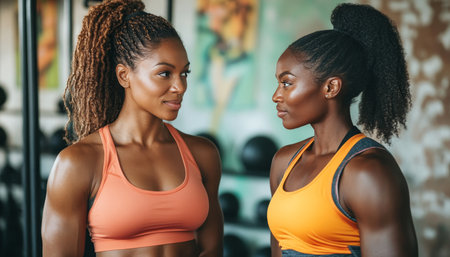 Focused female friends mentally preparing for intense gym workout, showcasing their muscles.の素材