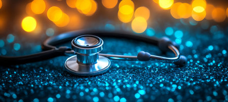Stethoscope on Glitter Background Symbolizing Healthcare Facility Blueprinting and Designの素材