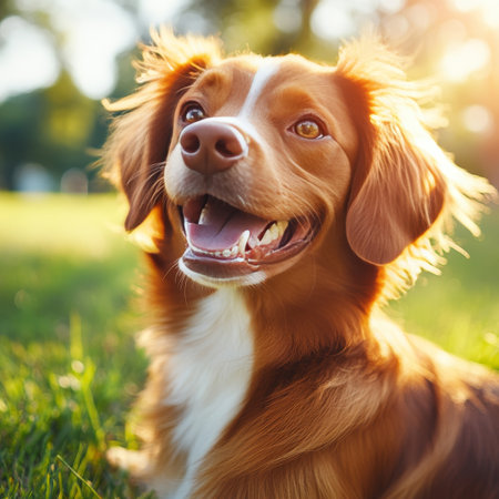 Happy Golden Retriever Dog Enjoys the Summer Sun in a Lush Green Park, Close-Up Portrait.の素材