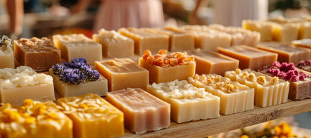 Assortment of Colorful Handmade Soap Bars on Display, Natural and Organic Bath Productsの素材