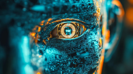 Close-up of Metallic Humanoid Face with Illuminated Eye and Intricate Circuitry Details.の素材