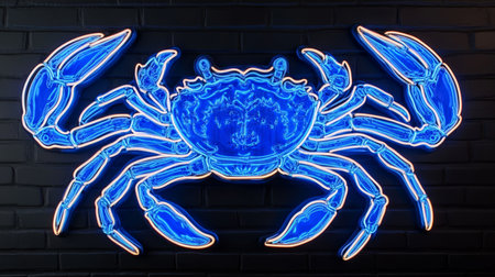 Neon Blue Crab Sign on Black Brick Wall, Seafood Restaurant Logo, Illuminated Crustacean Decorationの素材