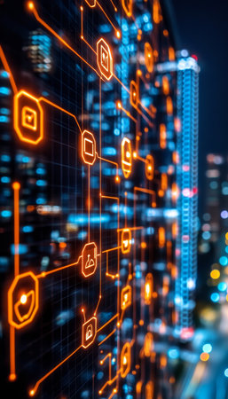 Digital Health Ecosystem Futuristic Medical Connectivity and Data Flow in a Smart Cityの素材